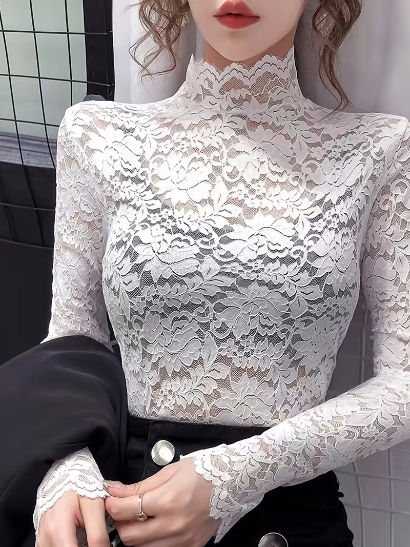 Elegant Lace Mock Neck Women's Top - Curve-Hugging Design, Alluring Long Sleeves, Ideal for Spring & Fall Fashion