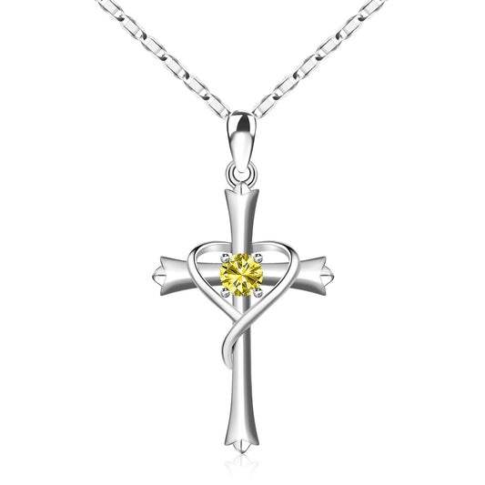 HOH-Tech Cross Necklace for Women 925 Sterling Silver Birthstone Cross Pendant Necklaces Cross Jewelry Valentines Birthday Anniversary Wedding Christmas Mothers Day Gifts for Mom WifeNov-Citrine