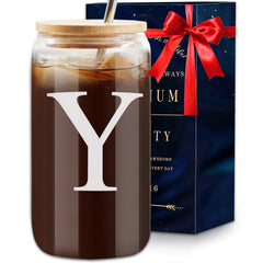 Elysine Initial Glass Cup 16oz Monogrammed Gifts for Women Glass Can Cup w/Bamboo Lid StrawPersonalized Valentines Mother Day Birthday Gifts for Women Mom Wife Girlfriend Sister Friends (Y)