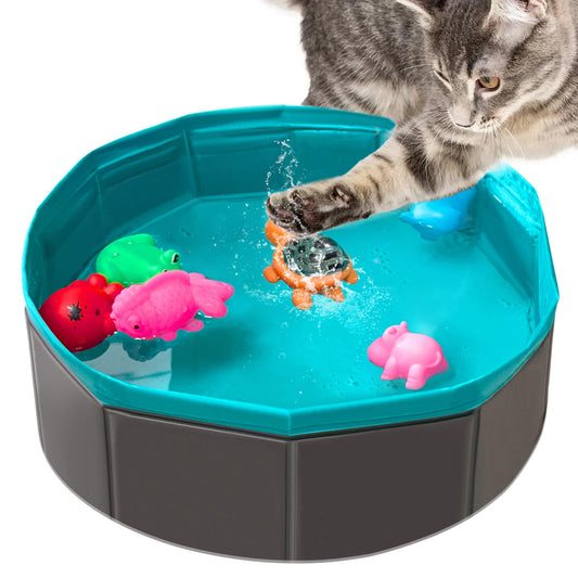 Cat Pool Toy Water Toys for Cats Best Cat Toys for Bored Indoor Cats Cat Hunting Toys for Indoor Cats Portable Cat Play Mat Cat Swimming Pool for Self Play Enrichment (1pcs Pool + 6pcs Toys)