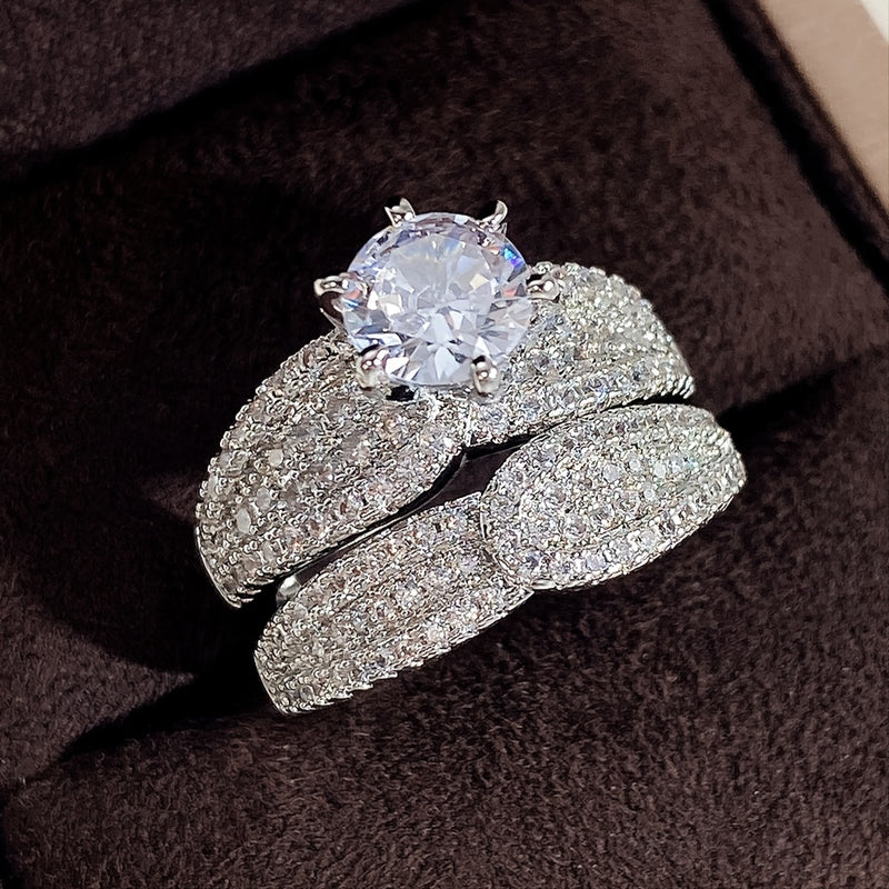 Set of 2 Bridal Wedding Rings with Inlaid Zirconia for Women'S Engagement Proposal Gift Jewelry