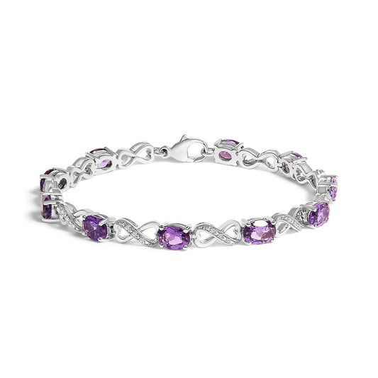 .925 Sterling Silver Oval Purple Amethyst and Diamond Infinity Link Bracelet (I-J Color, I1-I2 Clarity) - 7" Inches