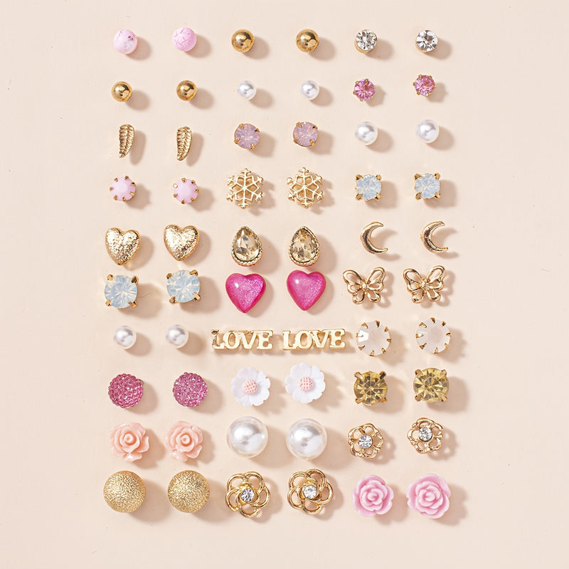 A Set of 30 Pairs of Letter, Butterfly, Heart, Small Flower, Teardrop, and Snowflake Fashion Stud Earrings
