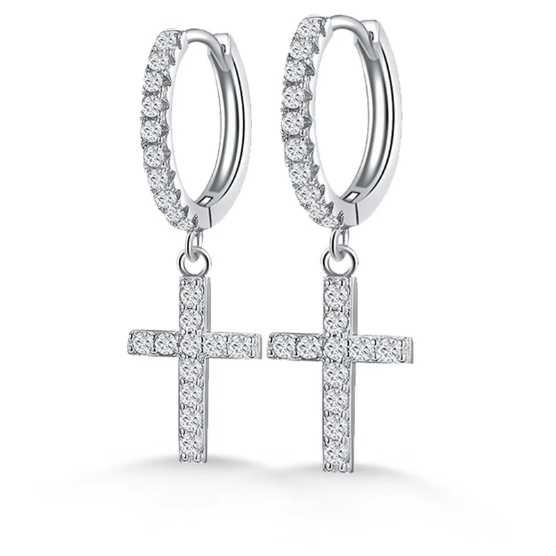 Cross 925 Sterling Silver Hip Hop Drop Hoop Earrings VVS D Color Moissanite Earrings Men Women Jewelry for Party Gift