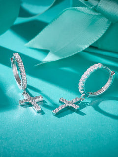 Cross 925 Sterling Silver Hip Hop Drop Hoop Earrings VVS D Color Moissanite Earrings Men Women Jewelry for Party Gift