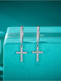 Cross 925 Sterling Silver Hip Hop Drop Hoop Earrings VVS D Color Moissanite Earrings Men Women Jewelry for Party Gift