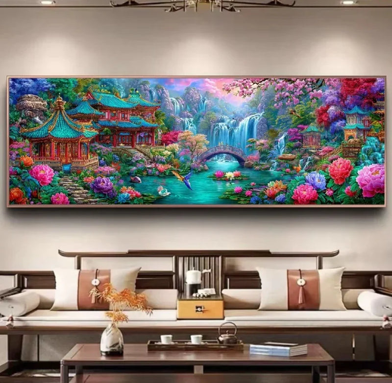 Diamond Art Wonderland Temple Waterfall Peony Flowers Art 5D Diamond Painting Big Size New Full Embroidery Cross Stitch Kits