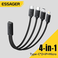 Essager 4-in-1 Fast Charging Portable Cable for Travel Type C Female to Multi USB with 2 Type C Micro And Lightning Adapters