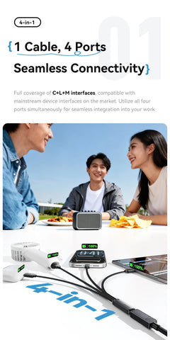 Essager 4-in-1 Fast Charging Portable Cable for Travel Type C Female to Multi USB with 2 Type C Micro And Lightning Adapters