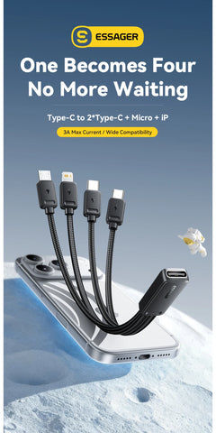 Essager 4-in-1 Fast Charging Portable Cable for Travel Type C Female to Multi USB with 2 Type C Micro And Lightning Adapters