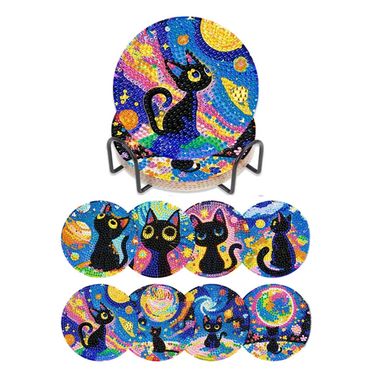 8 diamond art painting coasters with brackets, DIY Dream Cat Diamond Art coasters, suitable for both adults and beginners as dia