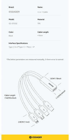 Essager 4-in-1 Fast Charging Portable Cable for Travel Type C Female to Multi USB with 2 Type C Micro And Lightning Adapters
