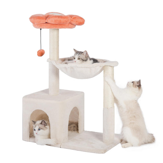 Pawfessor Flower Cat Tree 4 in 1 Cat Scratching Post for Indoor Cats 34" Small Cat Tower for Large Cats with Cat Scratch Posts15.7”Large Hammock Removable Perch and Wide Condo for Indoor Cats-Beige