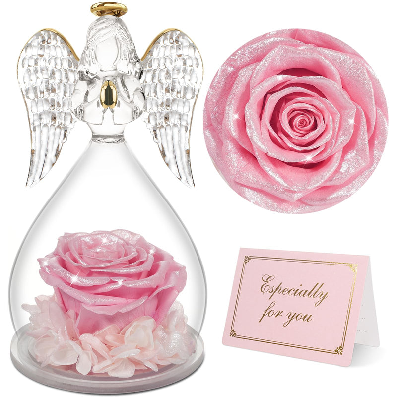 Yamonic Mom Birthday Gifts for Mom Angel Figurines with Real Rose Gifts for Her Mom GrandmaPreserved Flowers Rose Angel Figurines for Mothers Day Birthday Flowers Gifts for Women Her (Pearl Pink)